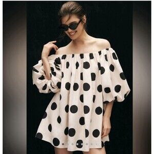 Mare Mare X Anthropologie Womens Mini Polka Dot Swing Dress Off Shoulder Medium